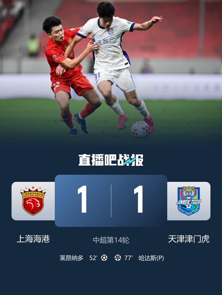 莱昂纳多破门哈达斯点射 海港1-1津门虎送对手6轮不胜
