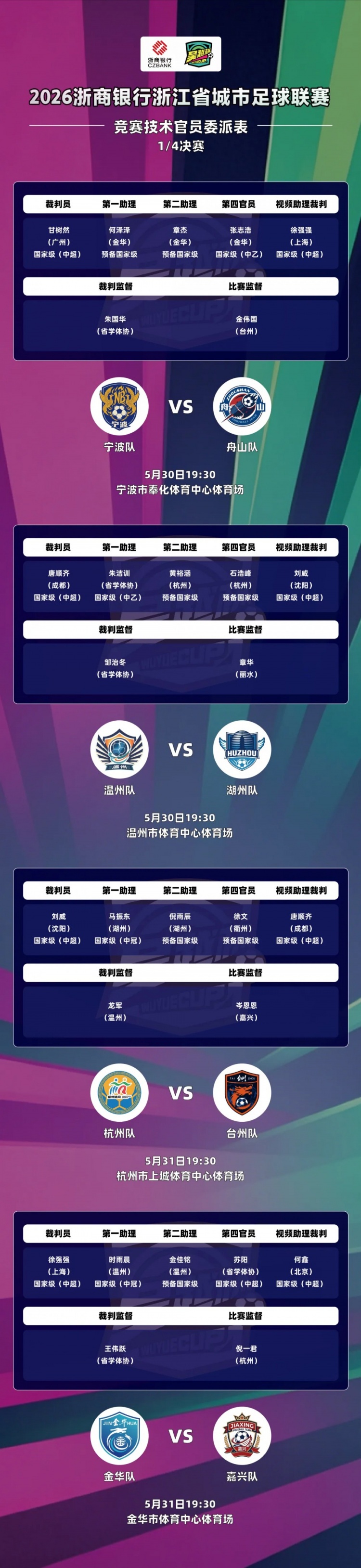 吴越杯四分之一决赛外省中超裁判全覆盖,唐顺齐、甘树然分别执法 吴越杯四分之一决赛外省中超裁判全覆盖,唐顺齐、甘树然分别执法
